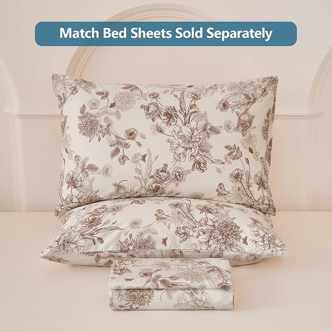 Brown Floral Duvet Cover Set 100% Percale Cotton Queen Size Shabby Vintage Toile Flower Printed Comforter Covers with Zipper, Soft & Breathable French Country Bedding 3Pcs-Not Comforter