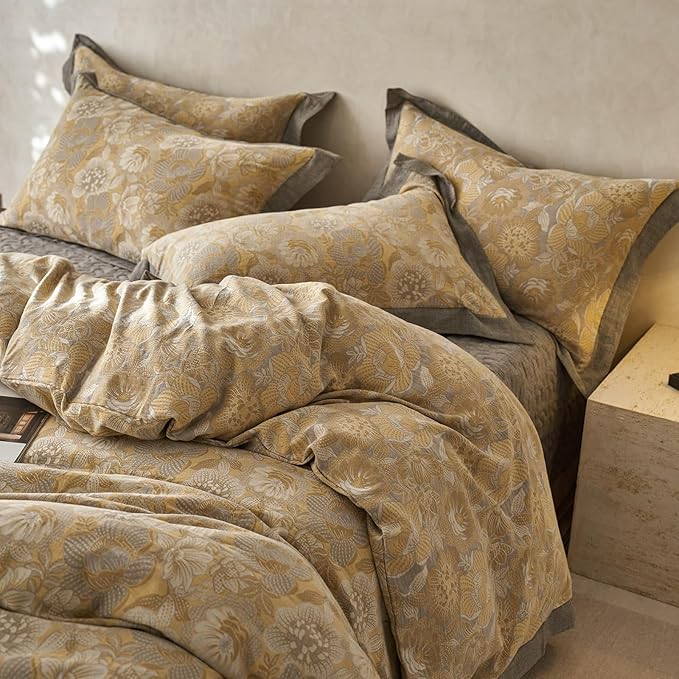 EAVD Vintage Style Yellow Floral Duvet Cover King Soft 100% Muslin Cotton Yarn-Dyed Jacquard Textured Bedding Set with 2 Pillowcases Linen Like Gauze Botanical Duvet Cover with Zipper Closure