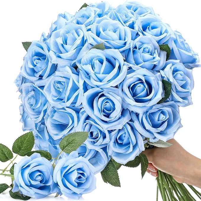 30 Pcs Rose Artificial Flowers in Bulk Real Touch Long Stem Silk Roses Bouquets Realistic Faux Flowers for Wedding Bridal Shower Home Decor Floral Arrangements Table Centerpiece(Light Blue)