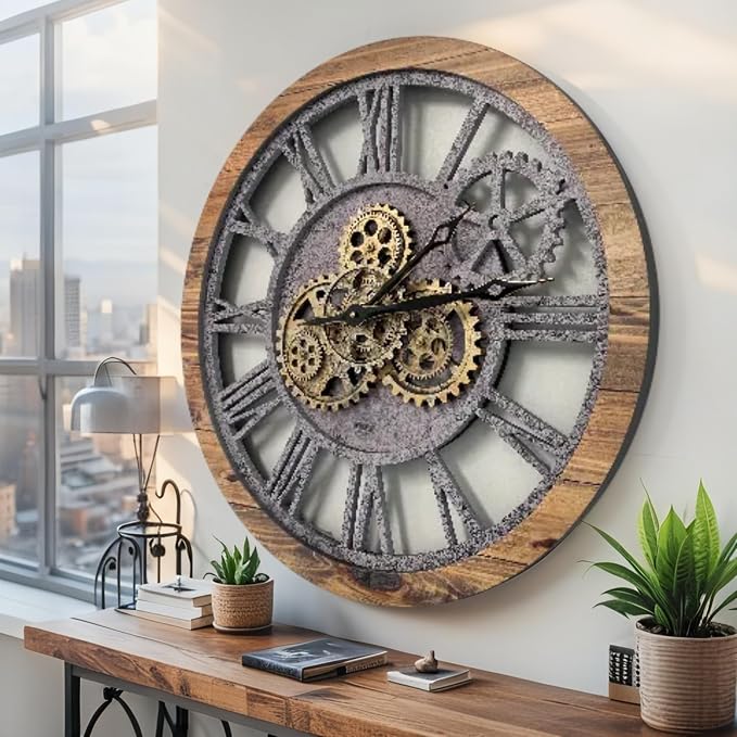 ImprovingLife The Gears Clock The Original Real Moving Gear Wall Clock Vintage Industrial Oversized Rustic Farmhouse (24 inch (60cm),Wood&Stone)