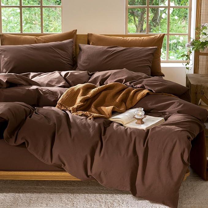 MooMee Bedding Duvet Cover Set 100% Washed Cotton Linen Like Textured Breathable Durable Soft Comfy (Solid Cocoa Brown, King 104"x90")