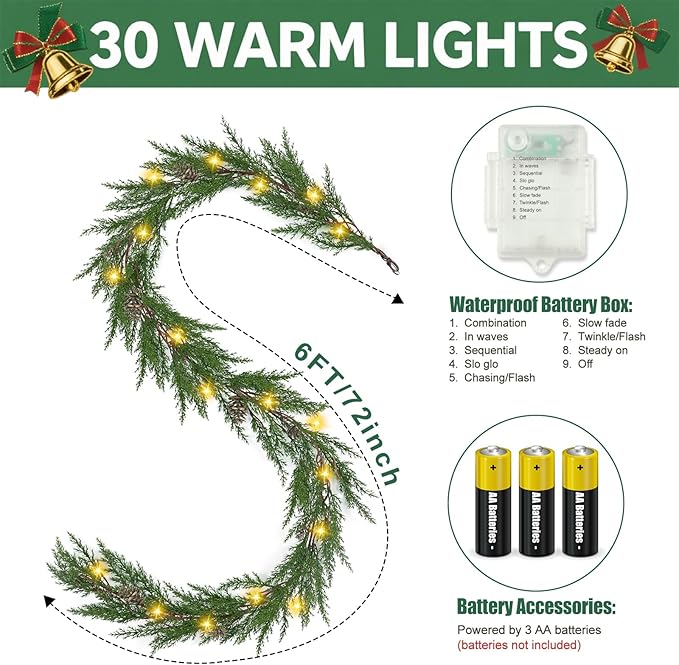 Artgar Christmas Cedar Garland, 6 Ft Realistic Pine Garland, Prelit Christmas Garland with 30 Warm Lights with 8 Light Modes for Mantels Stair Table Indoor Outdoor Winter Xmas Decor (Green)