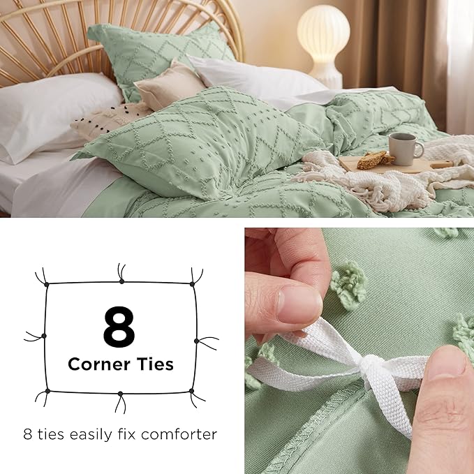 Bedsure Boho Duvet Cover King Size - Sage Green Breathable & Soft Boho Bedding, Machine Washable Comforter Cover for All Seasons, Includes 1 Duvet Cover 104"x90" with 2 Pillow Shams & Zipper Closure