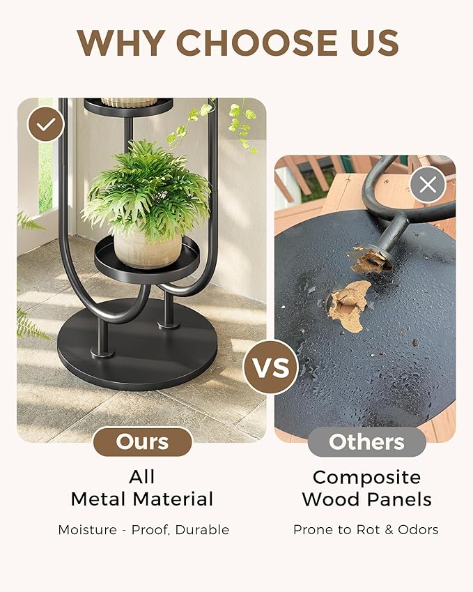Bamworld Upgraded Outdoor Plant Stand Metal Plant Stand Indoor Corner Plant Stands 4 Pots Plant Shelf for Tall Plant Holder Black Plant Shelves for Living Room Bedroom Midcentury Modern Home Decor