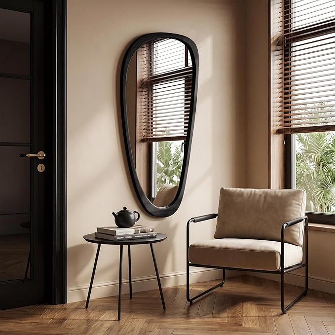 48''x22'' Asymmetrical Mirror with Wood Frame Black, Small Irregular Wall Mirror Odd Shaped, Mid Century Modern Mirror Decor for Bedroom Living Room Entryway Hall