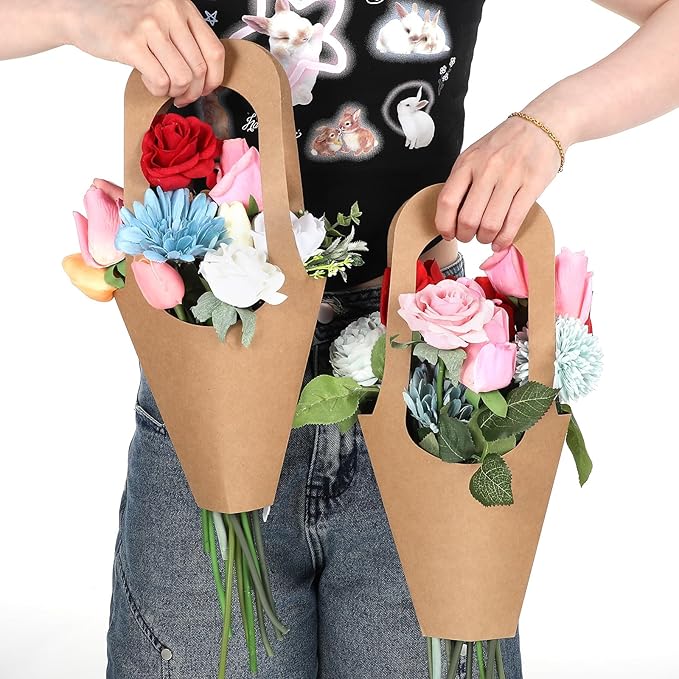 Yuanan 50 Pack Flower Bouquet Wrapping Paper Bags with Handles, Kraft Flower Bar Supplies for Weddings, Birthdays, Events-Flower Bouquet Holders for-Bouquet Bar