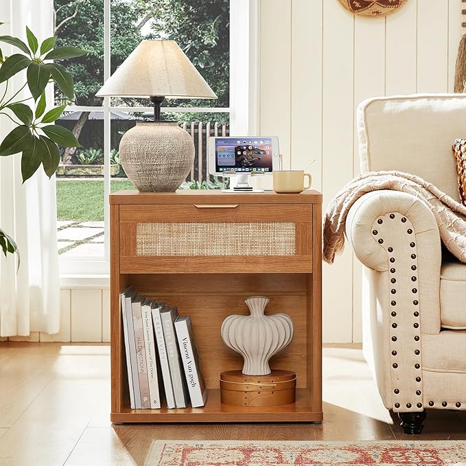 LEYAOYAO Rattan Nightstands Set of 2 with Charging Station, Natural Wood Night Stand with Drawer, 23" Wide Boho Bedside Table Open Cabinet, Bed Side Table Dresser for Bedroom, Living Room, Entrance