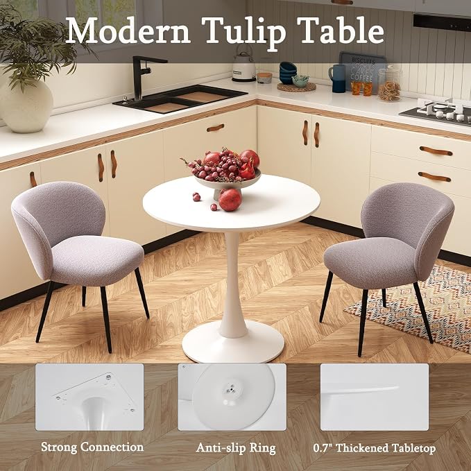 Round Dining Table, 27.6" Small Tulip Kitchen Round Dinner Table for 1-2 People with Metal Pedestal Base and MDF Tables Top Mid-Century Tables for Dining Room, Cafe, Kitchen, White