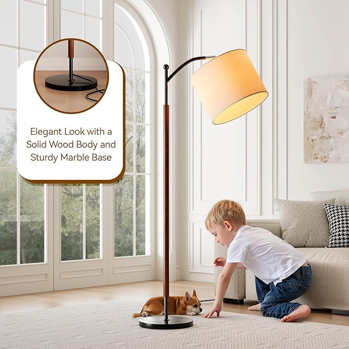 Arc Floor Lamp, Corner Mid Century Modern Floor Lamp, Standing Lamp with Adjustable Hanging Lampshade and Marble Base, Floor Lamps for Living Room, Bedroom, Office, Walnut Brown