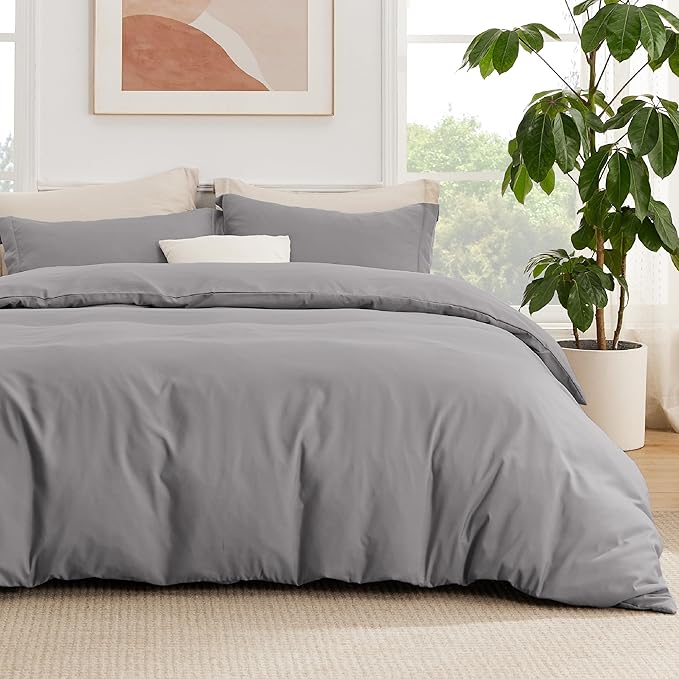 Bedsure Duvet Cover with Fitted Sheet Queen - Warm Deep Pocket, Hotel Luxury Soft Double Brushed Bedding Set with Zipper Closure, 1 Duvet Cover, 1 Fitted Sheet, 2 Pillow Shams, NO Comforter, Grey
