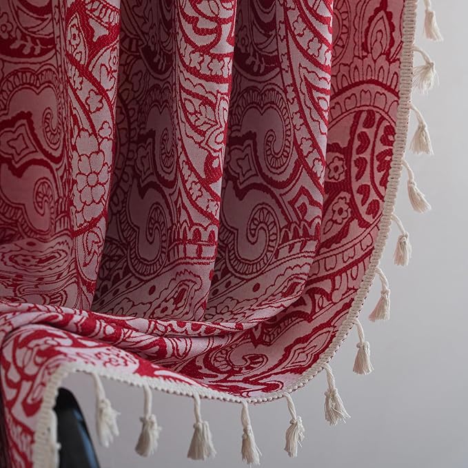 ENJOYBRIDAL Red Paisley 63 Inch Curtains for Bedroom Boho Drapes Semi Sheer Rod Pocket 2 Panels Short Window Curtain Panels for Living Room Farmhouse Jacquard Decorative Vintage Window Treatments