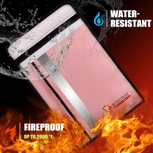 ROLOWAY Fireproof Document Bag - Waterproof Zipper & 2 Pockets | 15 x 11 Inch Pink Fire Safe Envelope for Cash & Legal Documents