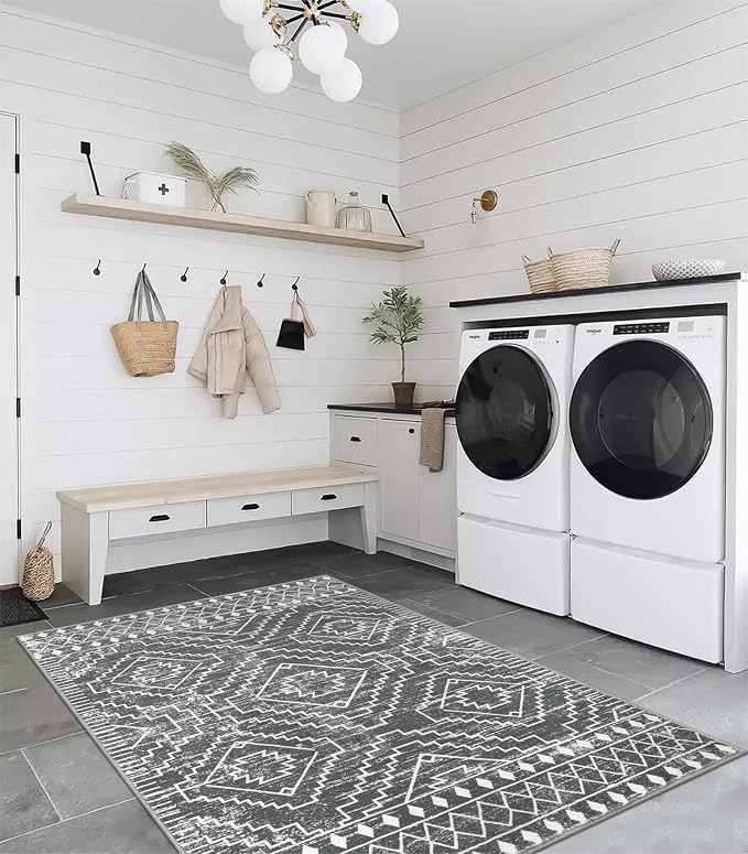 Wonnitar Moroccan 4x6 Area Rug, Washable Dark Gray Living Room Rug, Non-Slip Boho Rug for Bedroom, Farmhouse Non-Shedding Soft Indoor Carpet for Kitchen Entryway Mud Room (Dark Grey,4'x6')