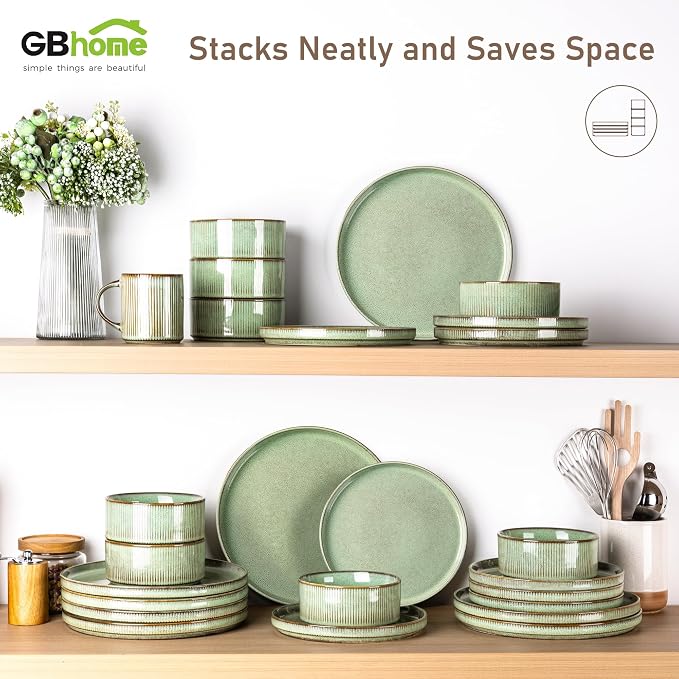 GBHOME 12-Piece Stoneware Dinnerware Set for 4 – Ribbed Ceramic Plates and Bowls, Scratch-Resistant, Microwave & Dishwasher Safe, Reactive Glaze, Pastel Green