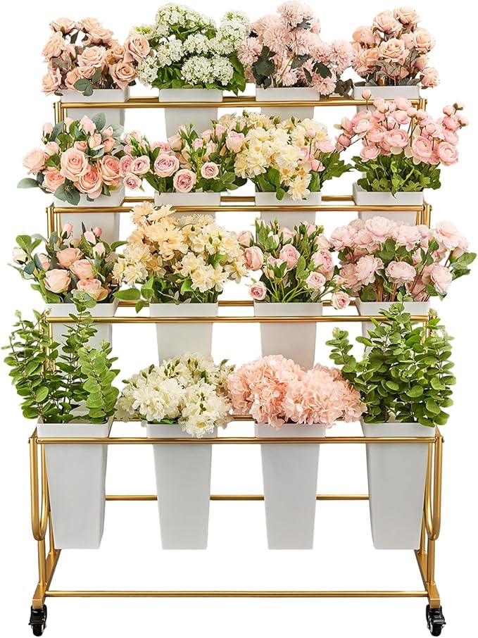 Flower Display Stand Frame, 4-Tier Flower Cart with Wheels, Metal Floral Display Rack , Moving Florist Bouquet Shelf for Shop ,Flower Bar, Events (Gold - 4 Tier) ,Without Flower Buckets