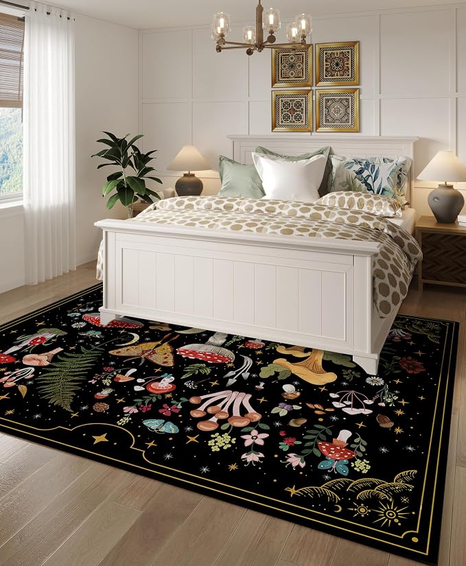 Mushroom Moth Area Rugs for Living Room Dining Room Bedroom Farmhouse, Non-Slip Machine Washable Black Rug Carpet 5'x7', Witchy Living Room Decor Aesthetic
