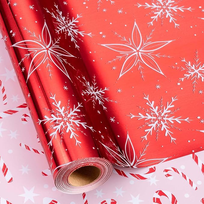 MAYPLUSS Red Christmas Wrapping Paper Roll - 17IN X 33FT - Christmas Gift Wrapping Paper Featuring White Snowflake Reversible Candy Cane for Kids, Holiday, New Year