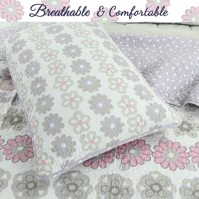Cozy Line Home Fashions Whimsical Purple Lavender Pink Floral 100% Cotton Girls Reversible Quilt Bedding Set, Bedspread, Coverlet (Lilac Bloom, Twin - 2 Piece)