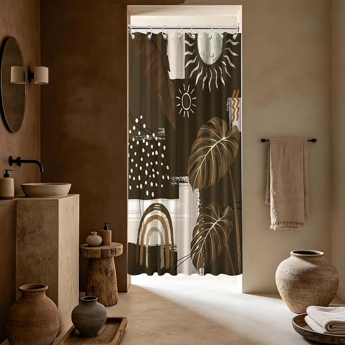 Dark Brown Mid Century Modern Shower Curtain Boho Abstract Khaki Earth Tone Shower Curtains for Bathroom Decor Sets, Waterproof Cloth Fabric with Hooks, 48 x 72 Inch