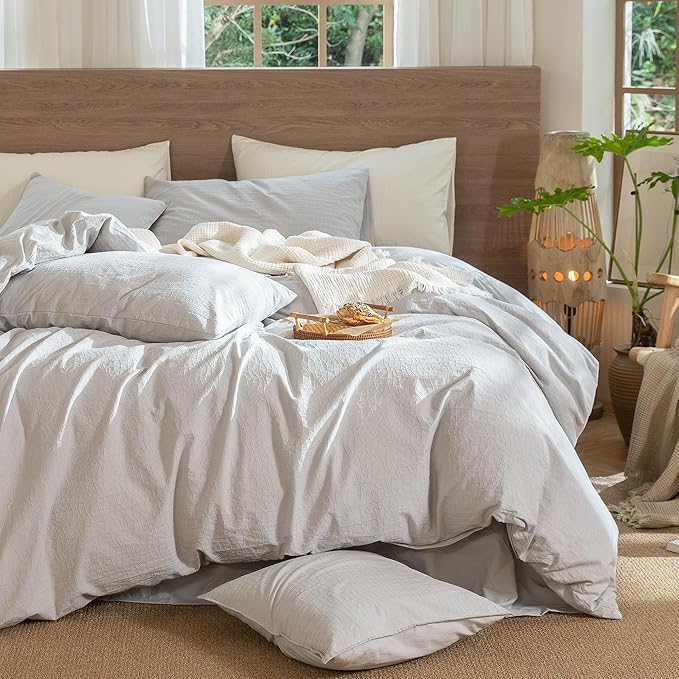 MooMee Wavy Striped Duvet Cover Set 100% Washed Cotton Linen Like Textured Breathable Durable Soft Comfy (Light Grey, Super Queen 90"x98")