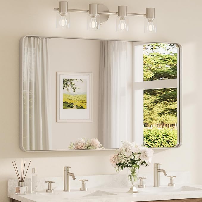 TETOTE Brushed Nickel Bathroom Mirror 48 x 30 Inch for Vanity Metal Framed Mirror Modern Farmhouse for Living Room Entryway(Horizontal/Vertical)