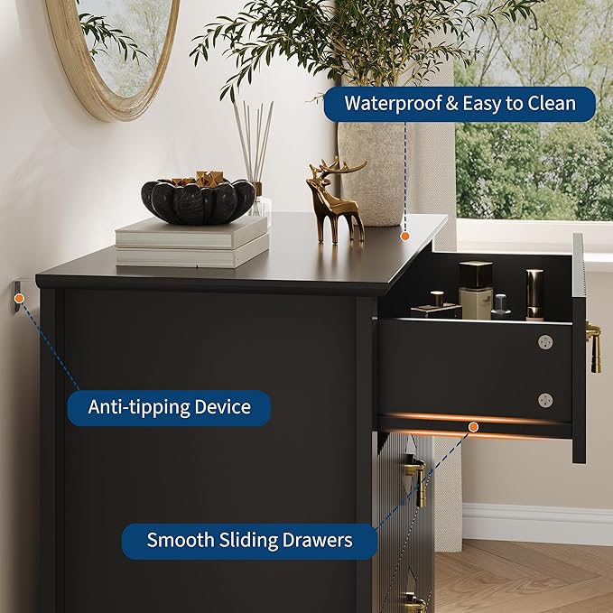 GarveeHome Fluted Dresser for Bedroom, 42.9" Tall 5-Drawer Wood Dresser, Modern Chest of Drawers, Storage Organizer Cabinet for Living Room, Hallway, Entryway, Black