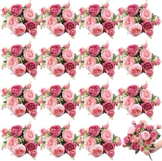 16 Bundles Artificial Peonies Silk Peonies Faux Flower Bouquet Fake Peony Flower Arrangements Table Centerpieces for Vase Wedding Party Boho Home Office Decoration Bulk (Rose Red, Pink)