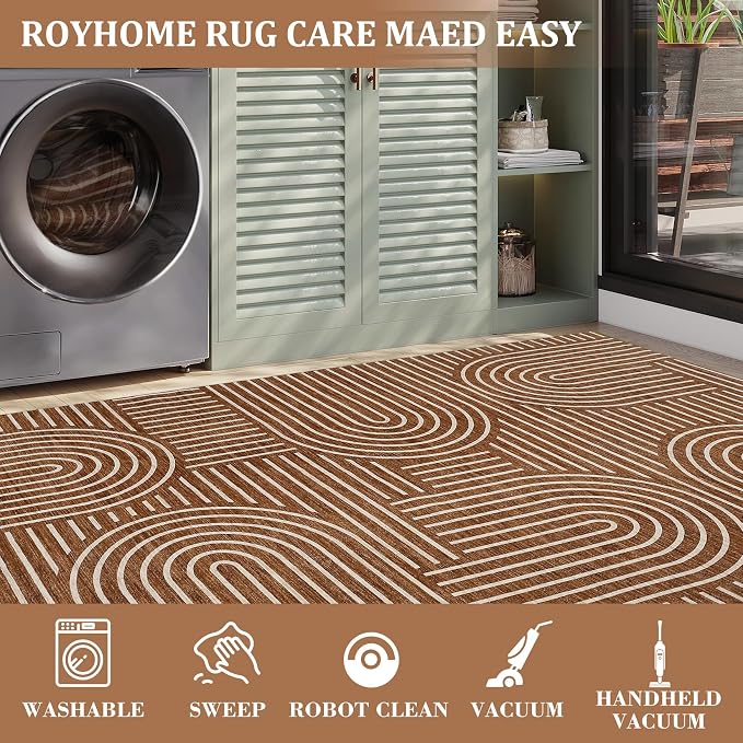 Washable Brown Runner Rug 2x6 Non Slip Bathroom Rugs Non Shedding Abstract Lines Runners for Hallway Low Pile Kitchen Rugs Soft Bedside Rug Runner for Kitchen Hallway Entryway, Brown