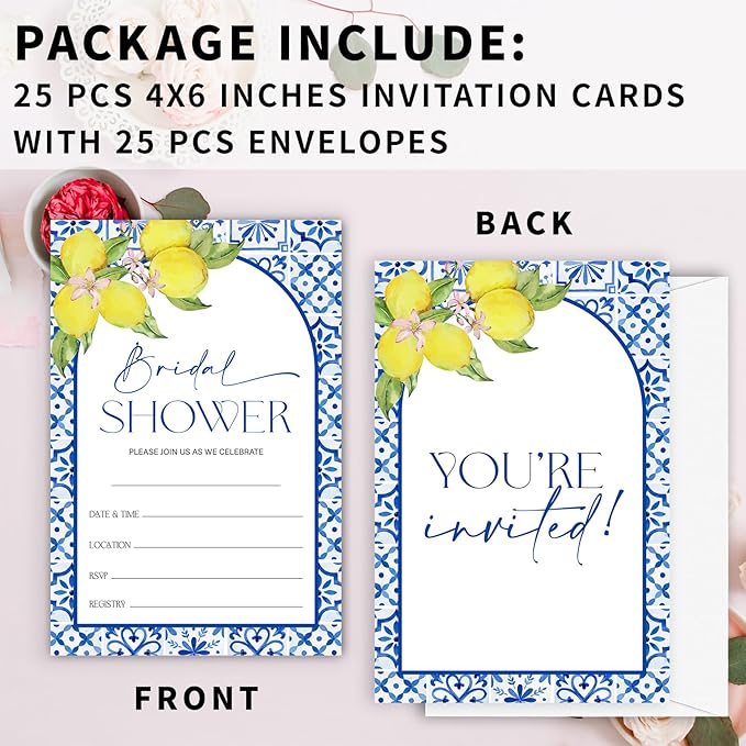 Mediterranean Lemon Bridal Shower Invitations, Set of 25 Lemon Italian Blue Tiles Bridal Shower Invites with Envelopes for Engagement Wedding Party-A11