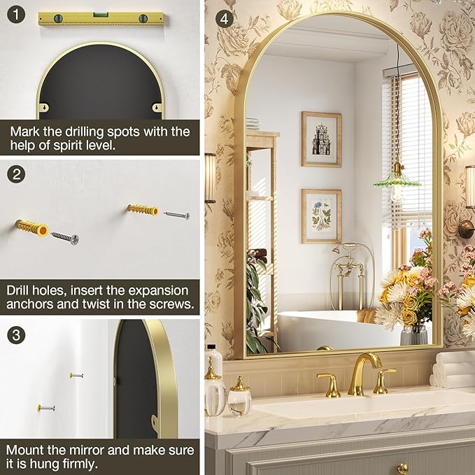 Brightify Gold Arched Mirror, 24 x 42 Inch Arched Bathroom Mirror, Brass Metal Frame Bathroom Mirror, Arch Top Wall Vanity Mirrors for Living Room Bedroom Mantel Entryway Hallways
