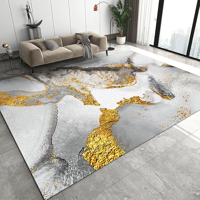 Light Luxury Gray Gold Marble Area Rug, Modern Marble Non Slip Accent Rug, Machine Washable Durable Carpet for Indoor Bedroom Living Room Office Decor Rug - 5 ft x 7 ft