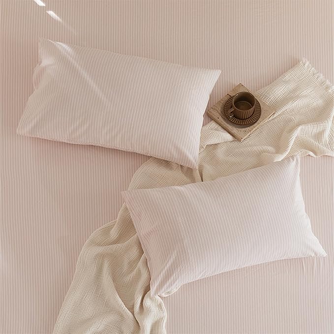JIYUAN 100% Washed Cotton Striped Duvet Cover Set 3 Pieces Queen, 1 Duvet Cover and 2 Pillowcases(Comforter Not Included),Linen Like Comfy and Breathable,Pinstripes-Heathered Greyish Pink White