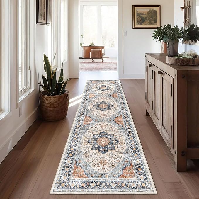 vivorug Boho Runner Rug 2x10 Machine Washable Rug with Non-Slip Backing, Ideal for Kitchen Hallway Entryway Laundry Room - Vintage, Durable, Easy Clean, Low Pile Carpet Runner Orange/Navy