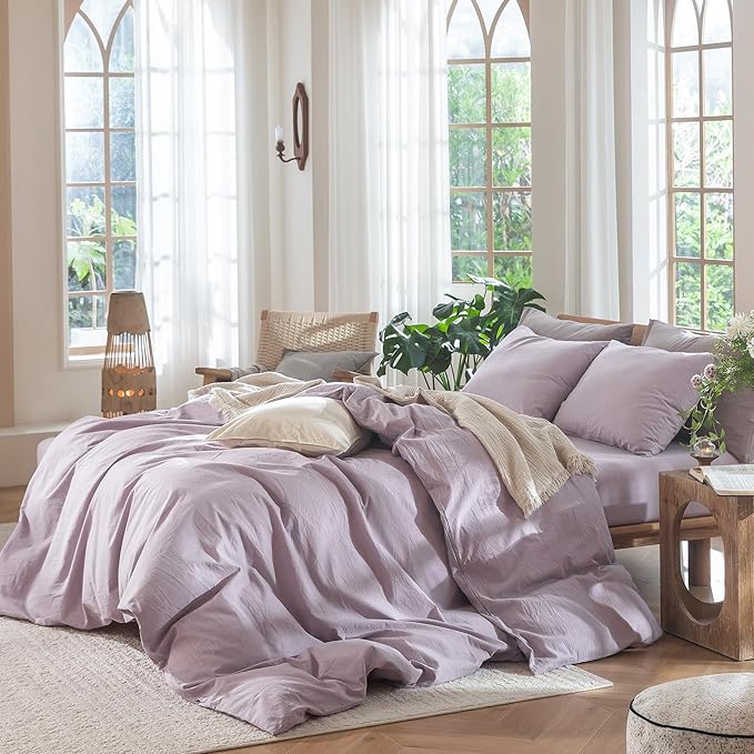 MooMee Bedding Duvet Cover Set 100% Washed Cotton Linen Like Textured Breathable Durable Soft Comfy (Heathered Light Purple, King 104"x90")