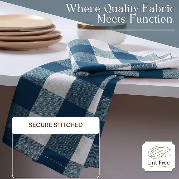 Teal Buffalo Check Plaid Kitchen Towels, 4 Pack, 100% Cotton, 16x26 Inches, Super Absorbent, Quick Dry, Soft, Dish Drying & Cleaning Towels with Hanging Loop, Teal Green and White