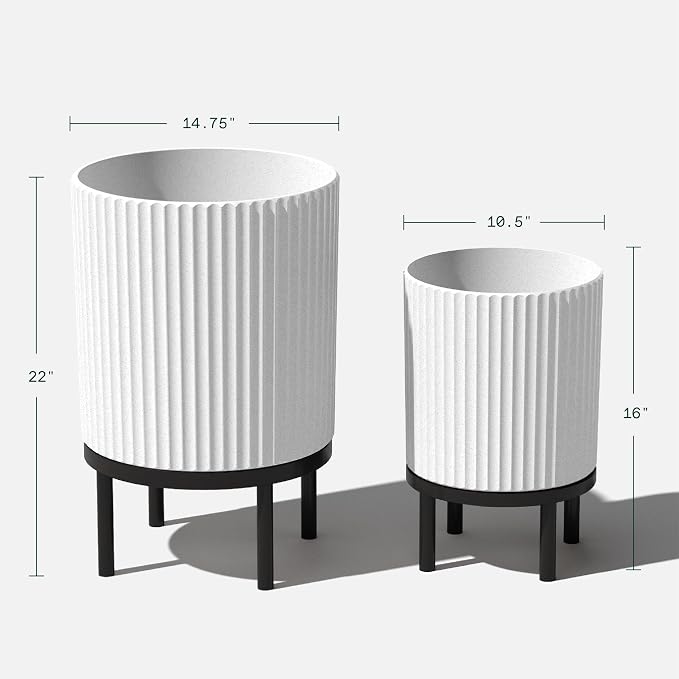 Veradek Demi Series Round Planter w/Stand for Porch/Patio | Durable Plastic-Stone Composite & Wooden Stand | Modern Décor for Tall Plants, Flowers