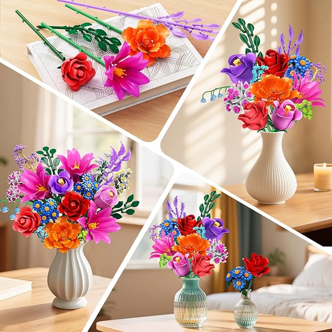 Flowers Bouquet Building Set with LED Light, 21 Flower Botanical Collection Building Block Toy, Rose Lily Home Plant Decor 1054PCS for Her Adults Women Kids Girls 12+ (RED)