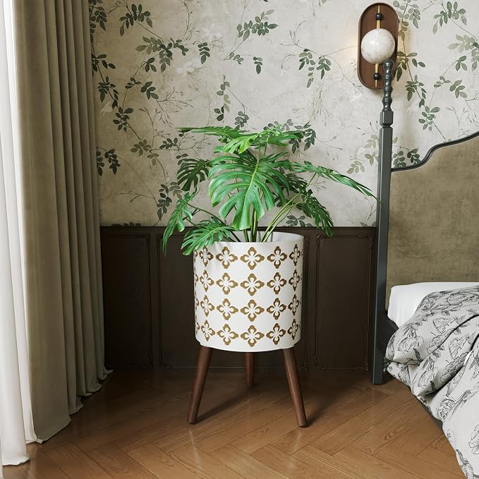 12 Inch Planter Pot with Stand, Planter for Indoor Plants, Modern Large Flower Planter Pot with Drainage Holes for Outdoor, White Gold Floral