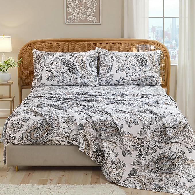 100% Cotton Sheet Set King Size – 4-Piece Luxury Grey Paisley Bedding Set, Extra Soft Breathable Percale Weave, Deep Pocket Fitted Sheet 17.5", Crisp Cool Feel Bed Sheet