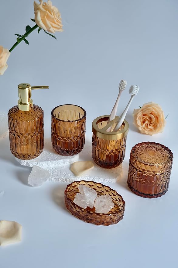 LaMarriti Amber Bathroom Accessories Set, 5Pcs Clear Glass Bathroom Sets, Hand Soap Dispenser, Soap Dish, Toothbrush Holder Set, Qtips Holder for Crystal Vintage Bath Decor, Set