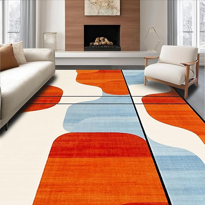 Flatwoven High Traffic Area Rug 6x9, Modern Art Deco with Geometric Flair and Colorful Accents, Non Slip, Stain Resistant, Washable Area Rugs for Living Room, Bedroom (Orange, 6x9)