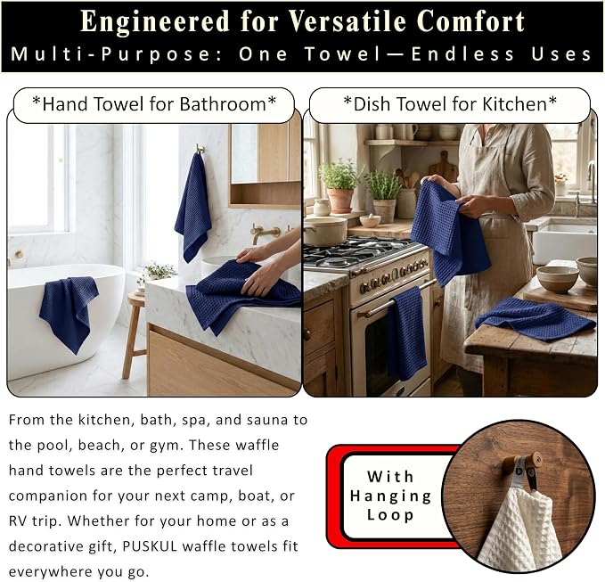 PÜSKÜL Natural 100% Turkish Cotton Waffle Kitchen Towels Set of 3 | Oeko-Tex, Premium Waffle Hand Towels for Bathroom | Soft Absorbent Quick-Dry Lint-Free Dish Towel Large 32x16 inch (3, Navy Blue)