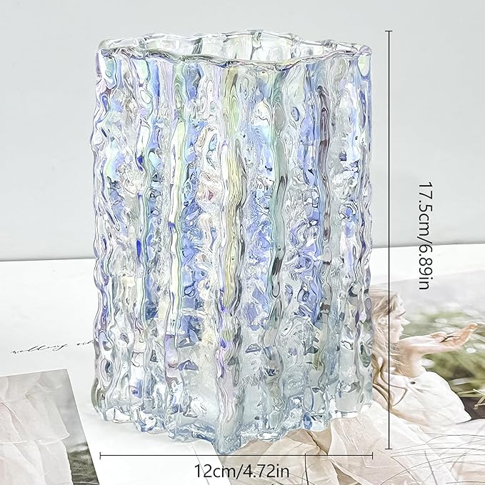 Aoderun Glass Vase Crystal Vase Heavy Duty Large Flower Vase for Dining Table Kitchen Office Home Shelf Wedding Living Room Centerpieces(Iridescent Clear)