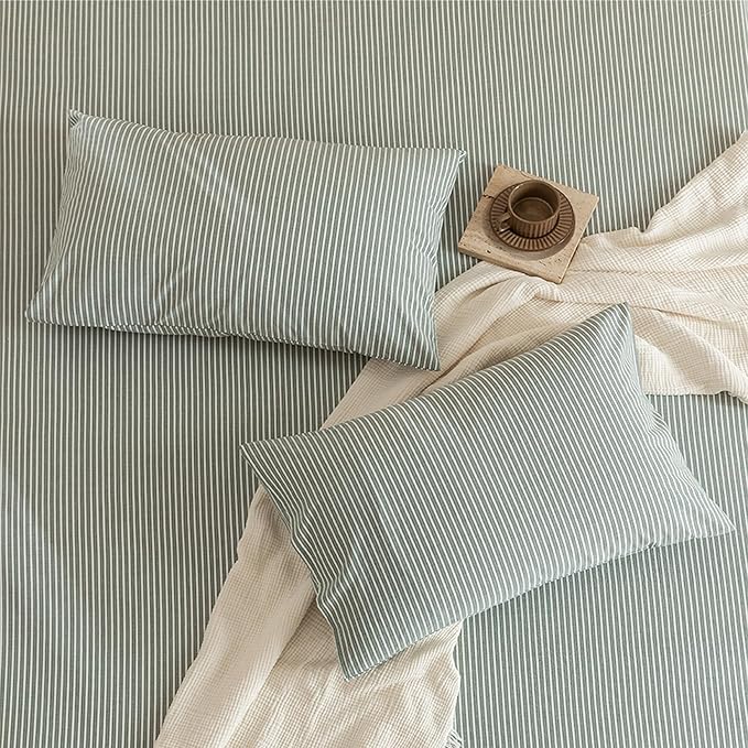 JIYUAN 100% Washed Cotton Striped Duvet Cover Set 3 Pieces Queen, 1 Duvet Cover and 2 Pillowcases(Comforter Not Included),Linen Like Bedding Set Comfy and Breathable,Pinstripes-Heathered Green White