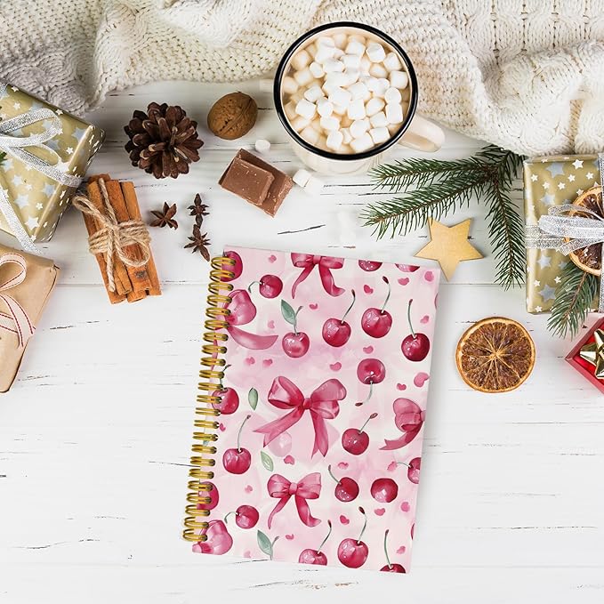 JKMBN Trendy Coquette Pink Bow Cherry Journaling Notebooks, Preppy Spiral Notebook, Cute Notebook Journal for Girls, Pink Office Supplies, Hardcover Spiral Lined Notebook 5.5 x 8.3