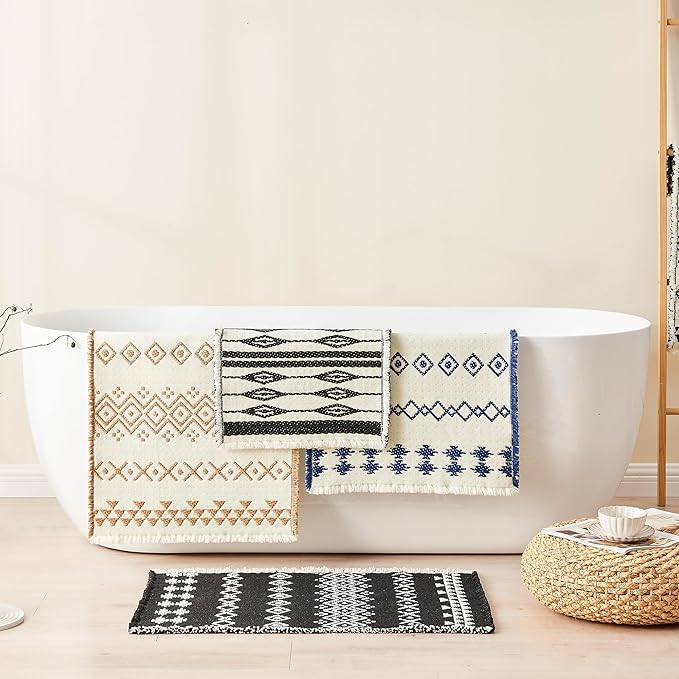 Douceur Boho Bath mat for Bathroom Floor Non Slip, Acrylic Blend Cute Bath Rugs with Tassels, Farmhouse Bathroom Rugs with Geometric Tribal Ethnic Pattern Design in Black and Cream White, 24" x 36"
