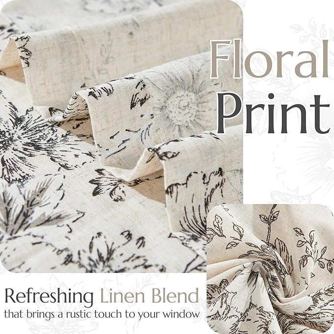 jinchan Pinch Pleated Curtains Floral Linen Blend Curtains for Living Room 63 Inch Length Black Peony Flower Printed Curtain Rod Pocket Back Tab Farmhouse Pinch Pleat Drapes with Hooks Set 2 Panels