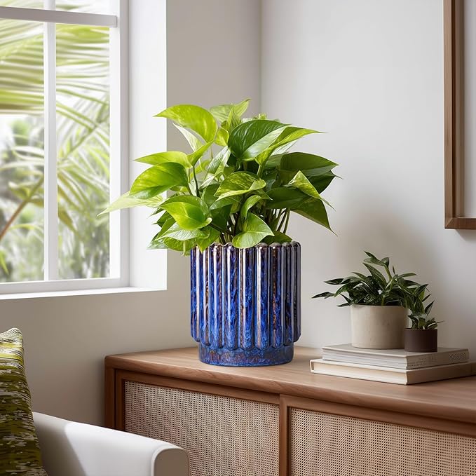 Ceramicfor Ceramic Pots for Plants - 7.6 Inch Plant Pots Indoor with Drainage Hole, Fluted Round Ceramic Planter Outdoor, Modern Flower Planter, Home Office Living Room Decor, Garden Gifts, Blue