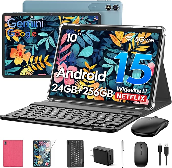 Suicoey 2026 Android 15 Tablet with Keyboard, 24GB RAM + 256GB ROM (2TB Expand), 10 inch Tablet with Gemini AI, Octa-Core, 8000mAh, Widevine L1, 2 in 1 Tablets with Case, Mouse, Stylus(Pink Case)