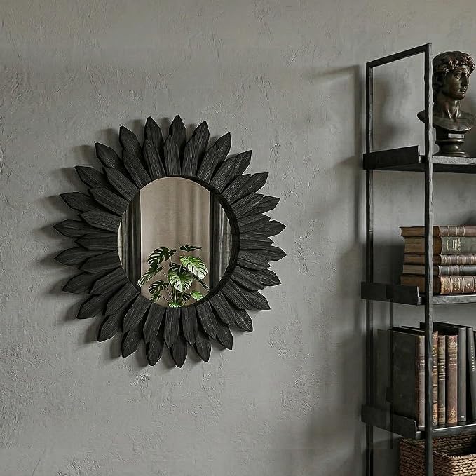 Boho Wood Sunburst Round Wall Mirror, 24 Inch Rustic Circle Wooden Frame Decorative Mirror for Farmhouse Coastal Home, Home Wall Decor for Living Room Entryway Bedroom, Light Wood